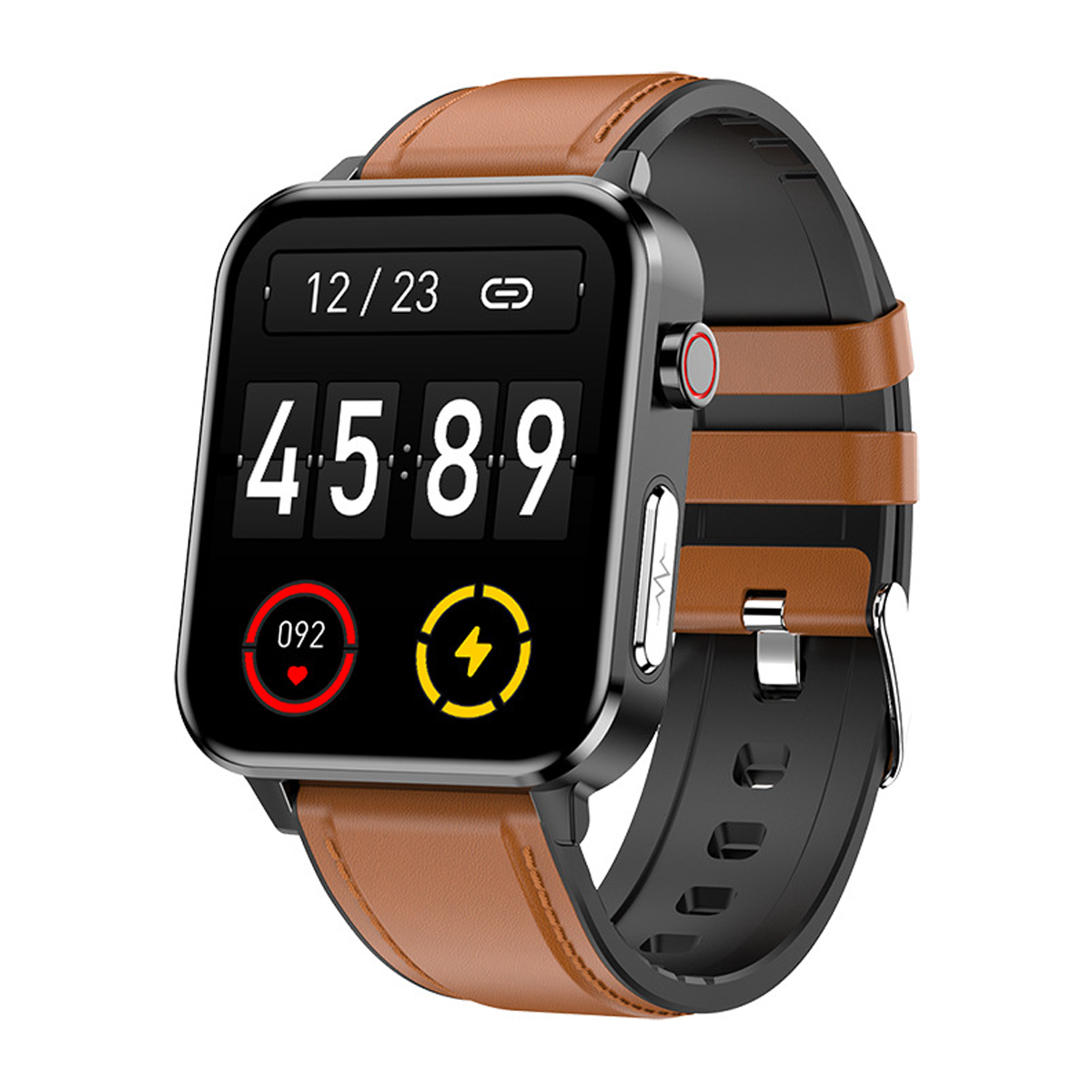 Smartwatch mit schwarzem Bildschirm mit Datum und Uhrzeit. Braunes Lederarmband.