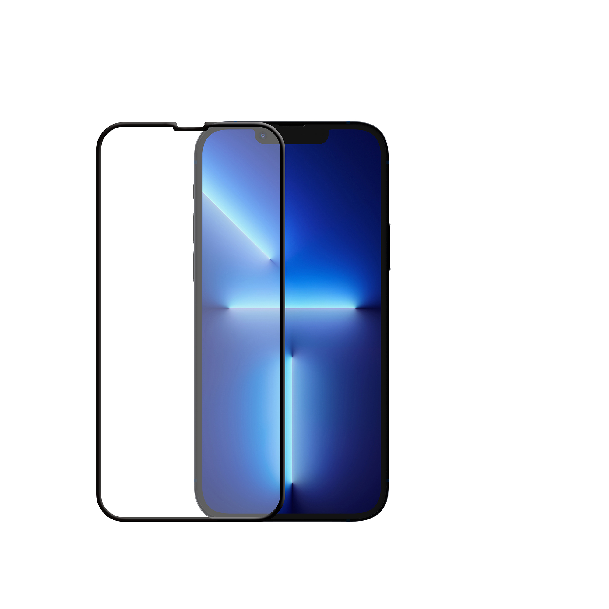 Telefon mit Displayschutz. Der Bildschirm ist blau und der Schutz transparent.