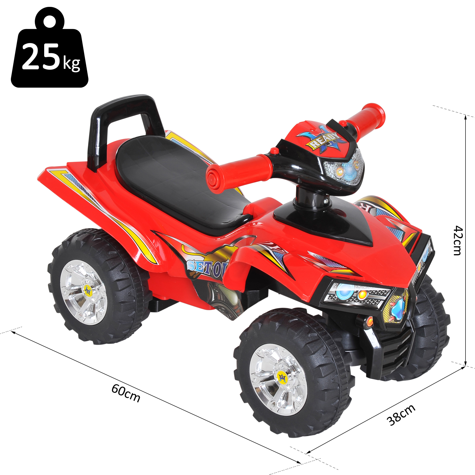 Giocattolo per bambini stile ATV rosso, con dimensioni ed etichetta peso.