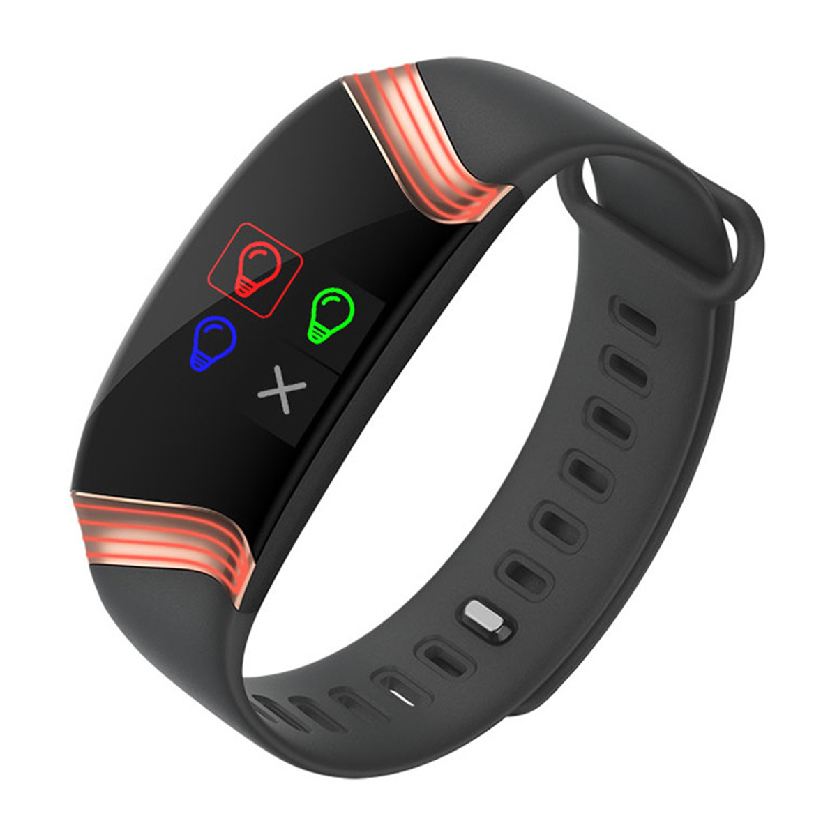 Smartwatch mit schwarzem Armband, drei farbigen Lichtern und einem Pluszeichen auf dem Bildschirm.