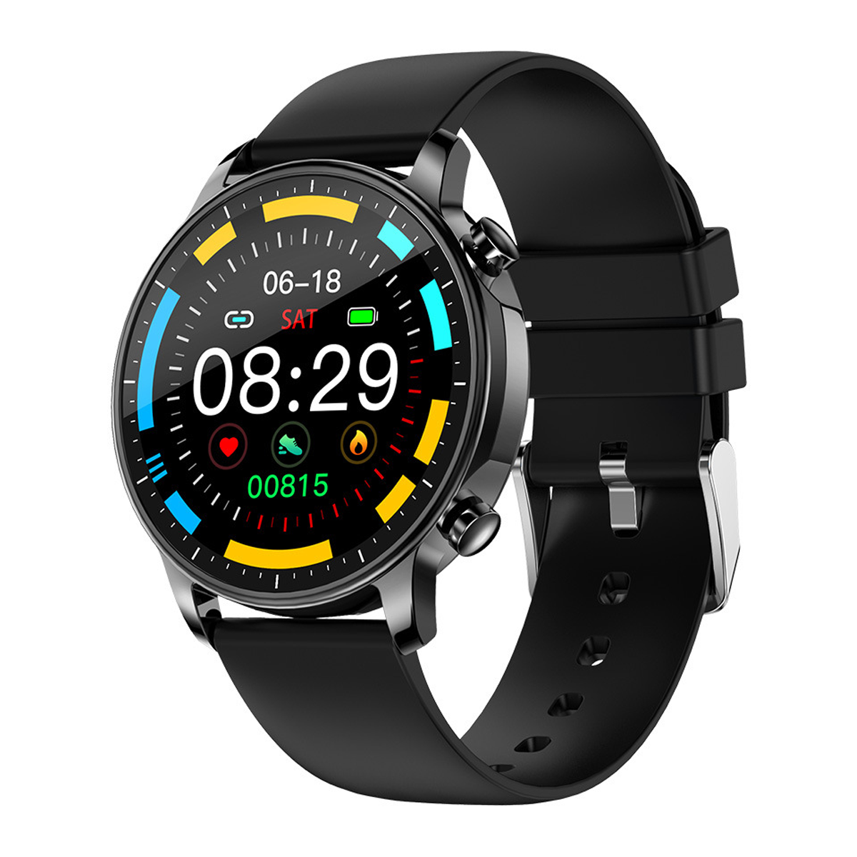Eine schwarze Smartwatch mit rundem Zifferblatt, das die Uhrzeit und andere Daten anzeigt. Schwarzes Armband.