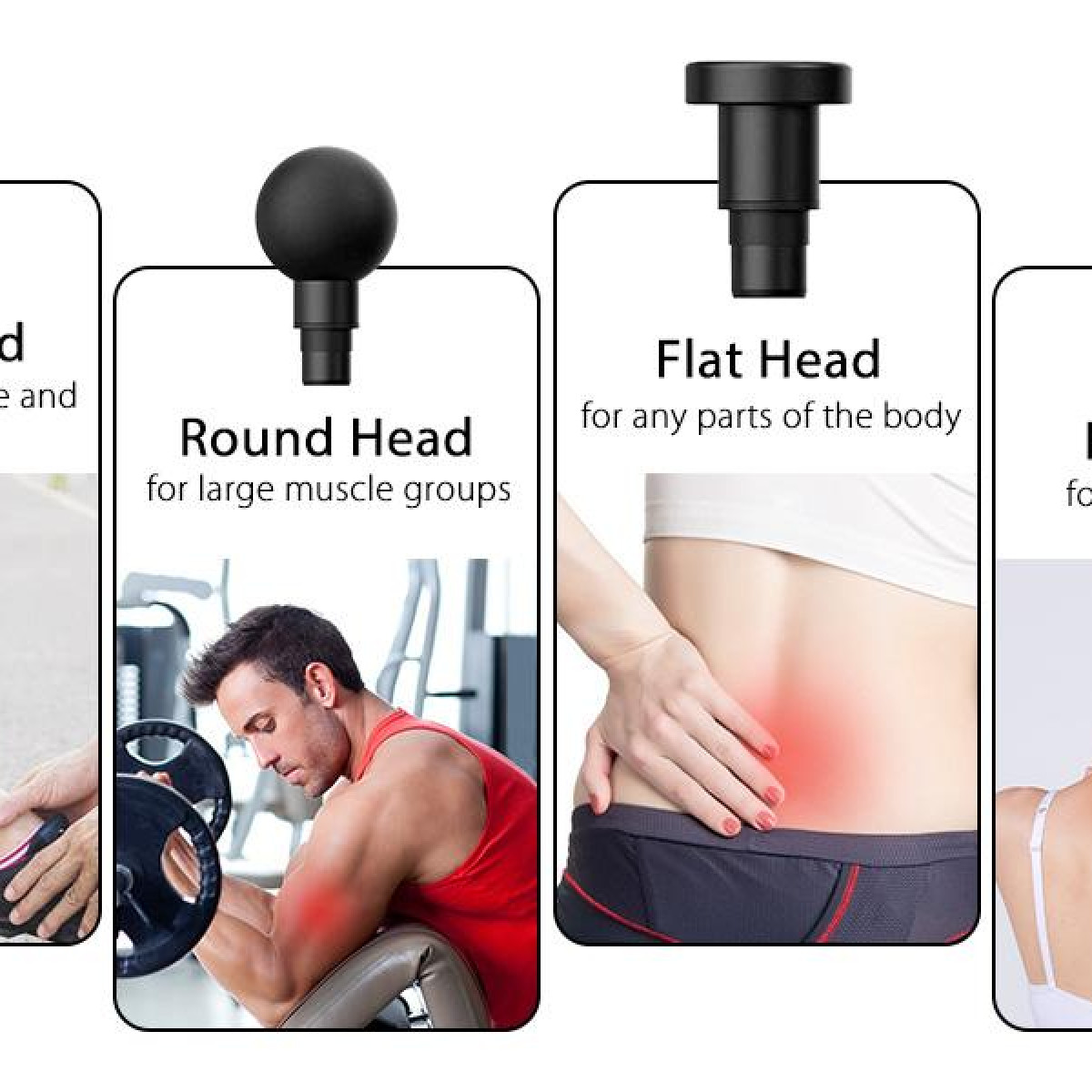 Images showing massage heads. A man working out. A man with pain in his back. A woman with shoulder pain.