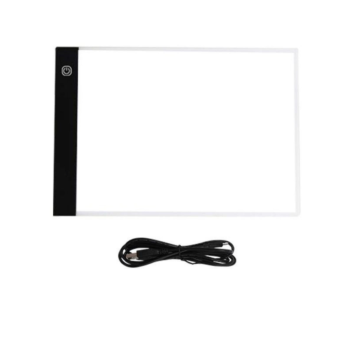 Białe pudełko świetlne z czarnym przyciskiem zasilania i kablem USB.