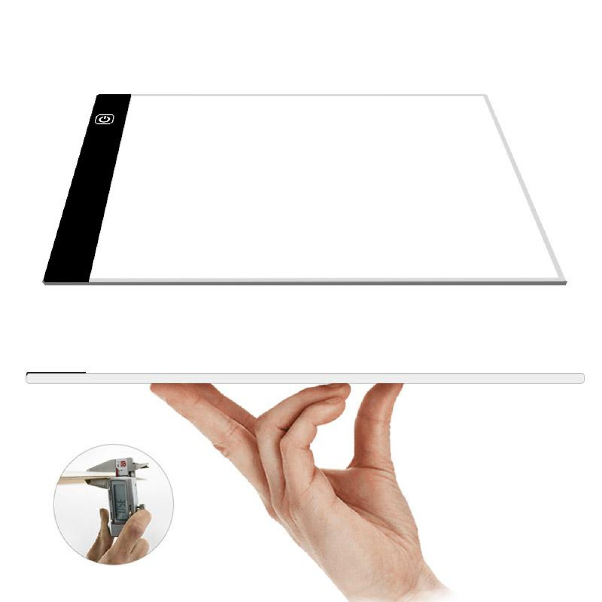 Tablero de luz blanco. Mano mostrando el grosor y tamaño del tablero.