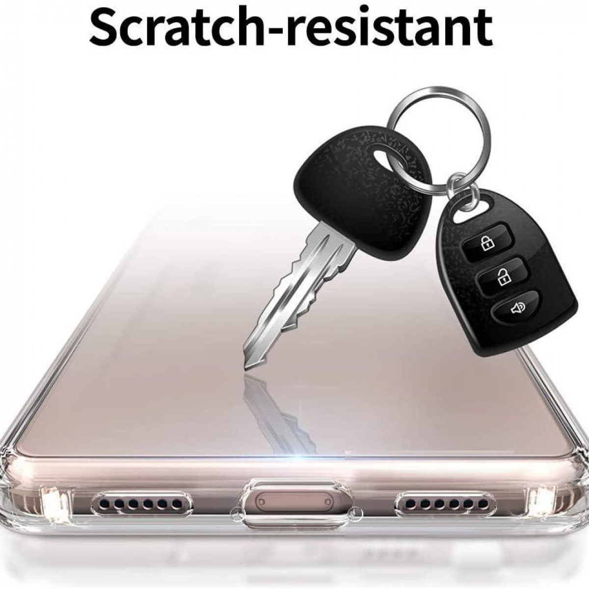 Transparente Handyhülle mit Schlüsseln darauf. Die Hülle schützt ein Telefon mit sichtbaren Lautsprechern und Ladeanschluss.