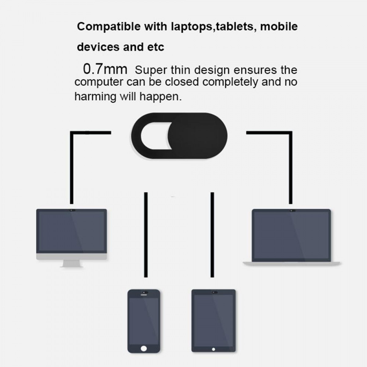 Schwarze Webcam-Abdeckung mit Laptop-, Tablet-, Telefonillustrationen. Text erwähnt Kompatibilität und superdünnes Design.
