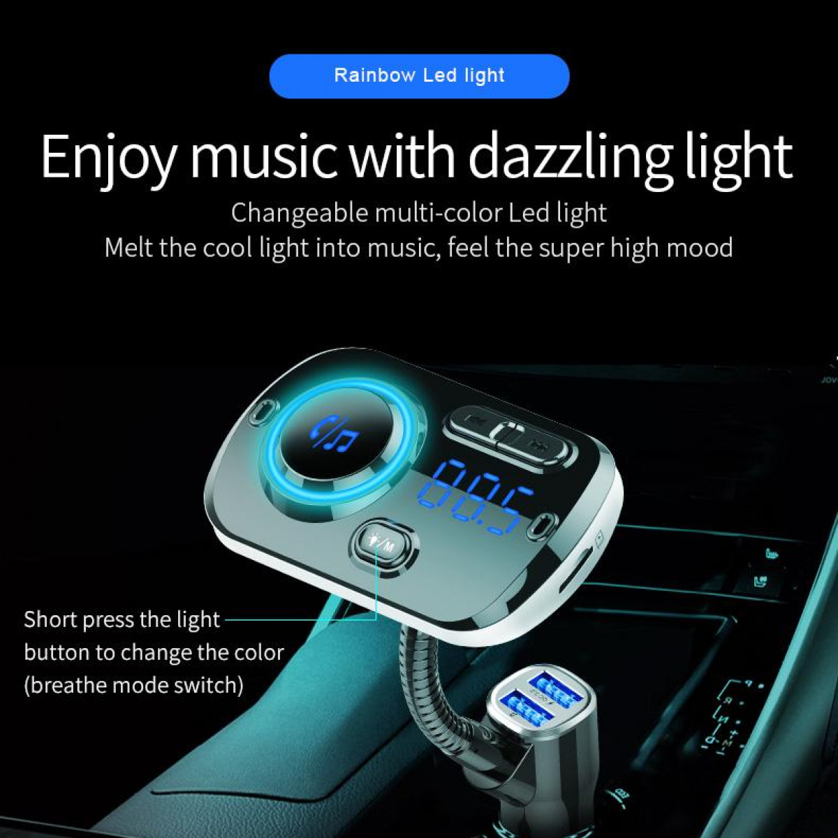 Autoladegerät mit Licht. Text: Genieße Musik mit schillerndem Licht. Farbwechselndes LED-Licht.