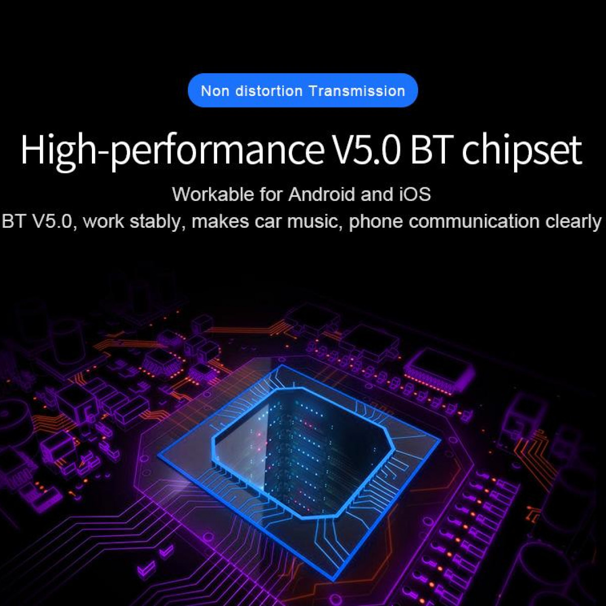 Nahaufnahme einer blauen Leiterplatte mit Text über einen Hochleistungs-Bluetooth-Chipsatz.