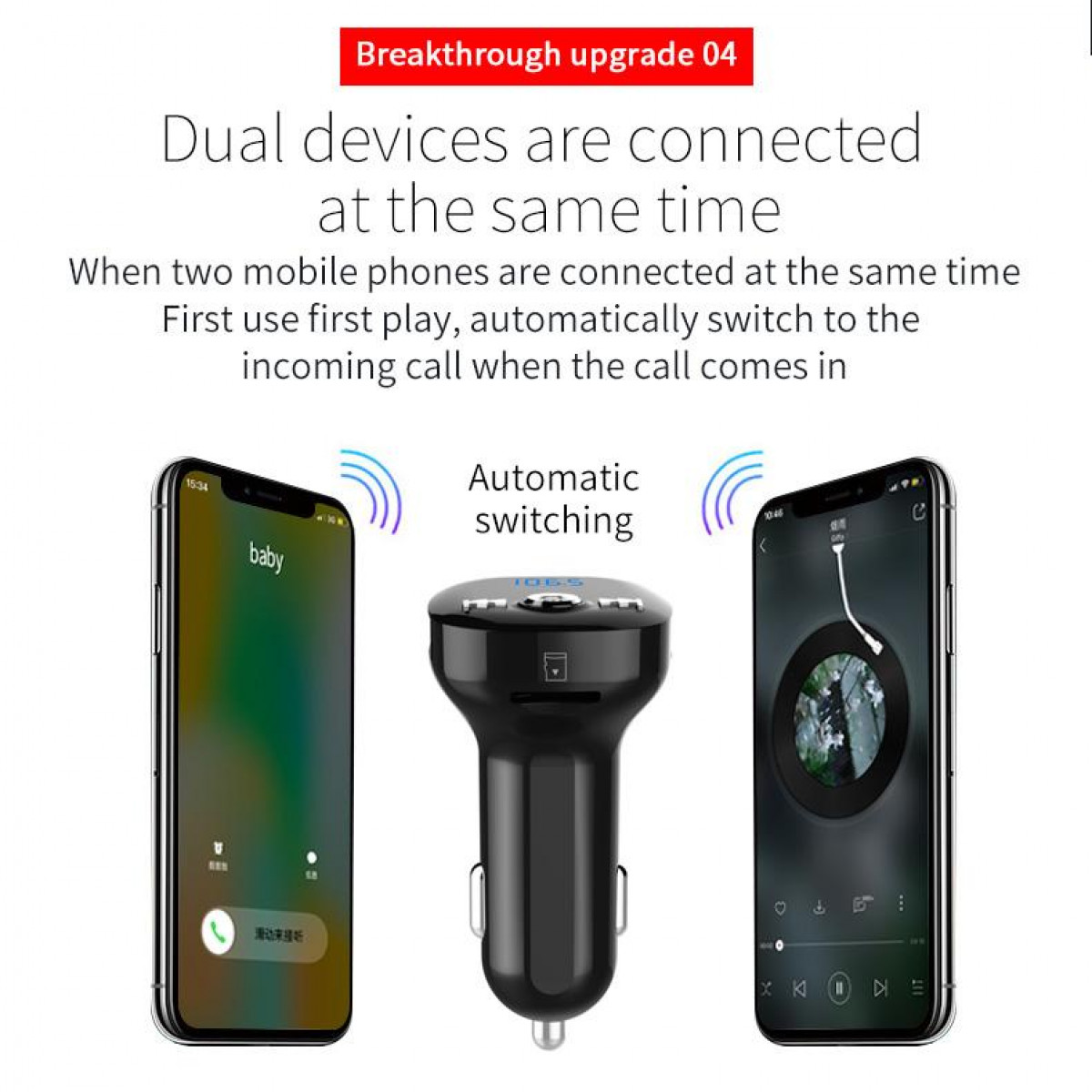 Obrazek przedstawia urządzenie łączące dwa telefony. Tekst mówi: 'Dwa urządzenia połączone jednocześnie'.