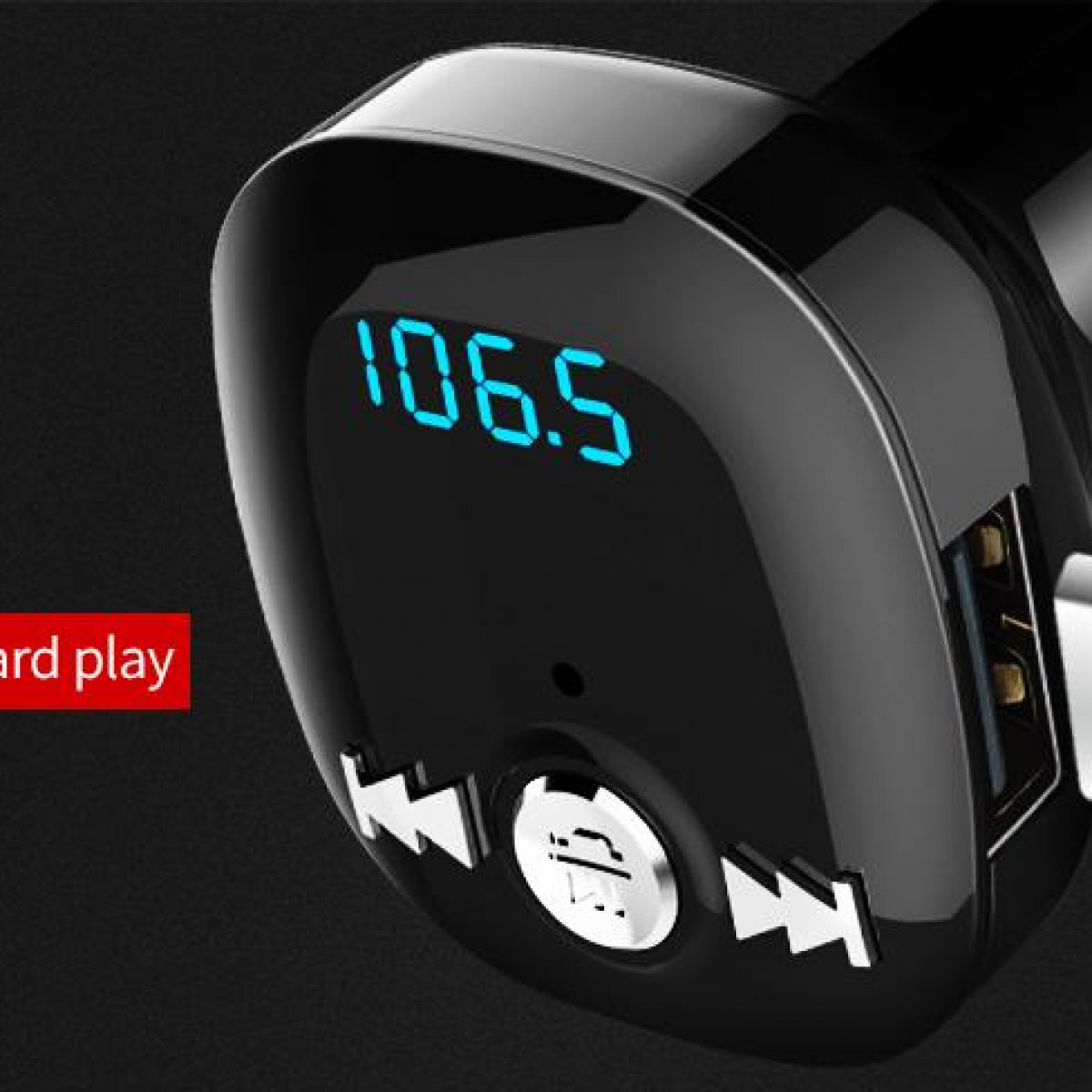 Czarny system audio do samochodu z ekranem pokazującym '106.5'. Poniżej znajdują się przyciski sterowania.