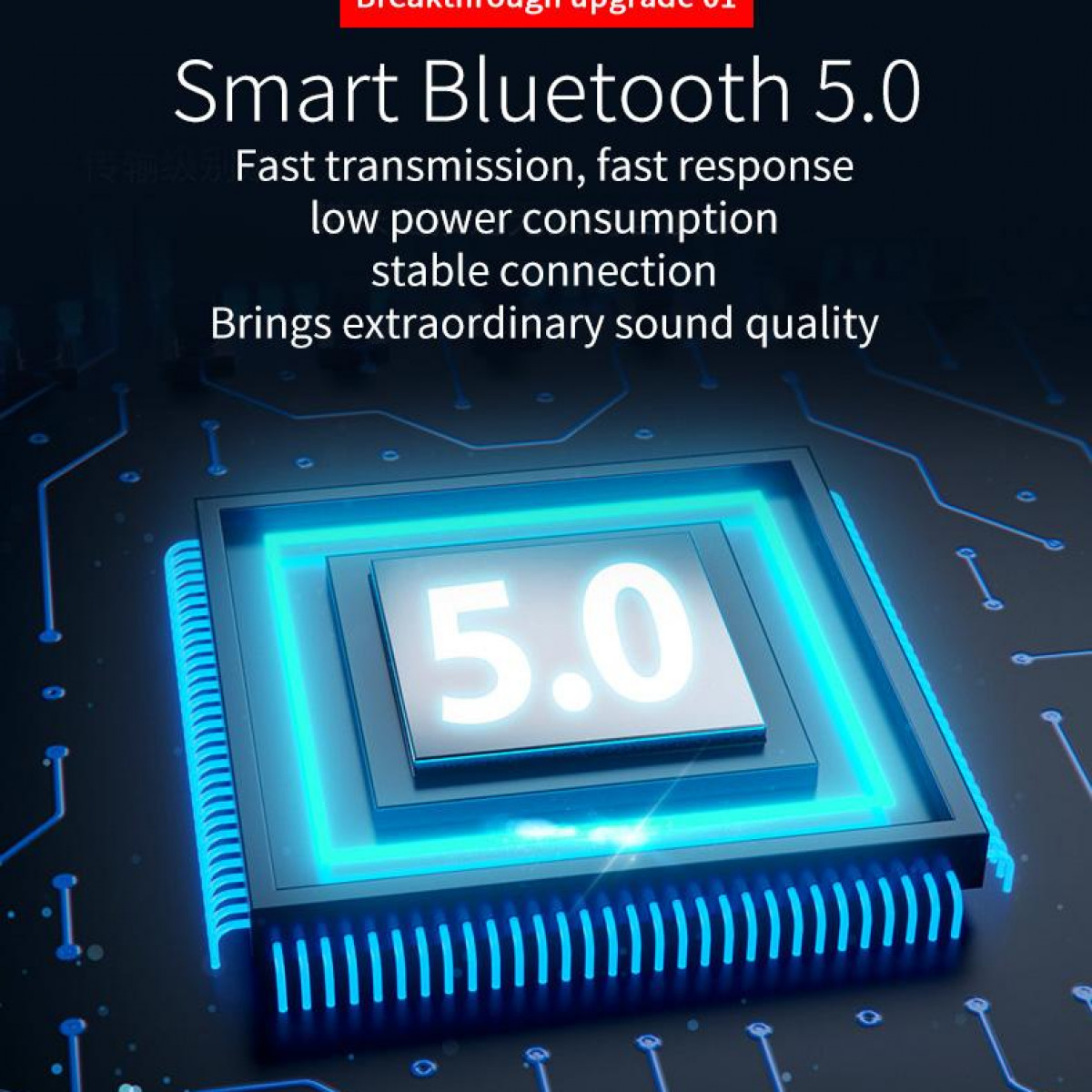 Kwadratowy komponent elektroniczny z tekstem o Bluetooth 5.0, w niebieskiej ramce.