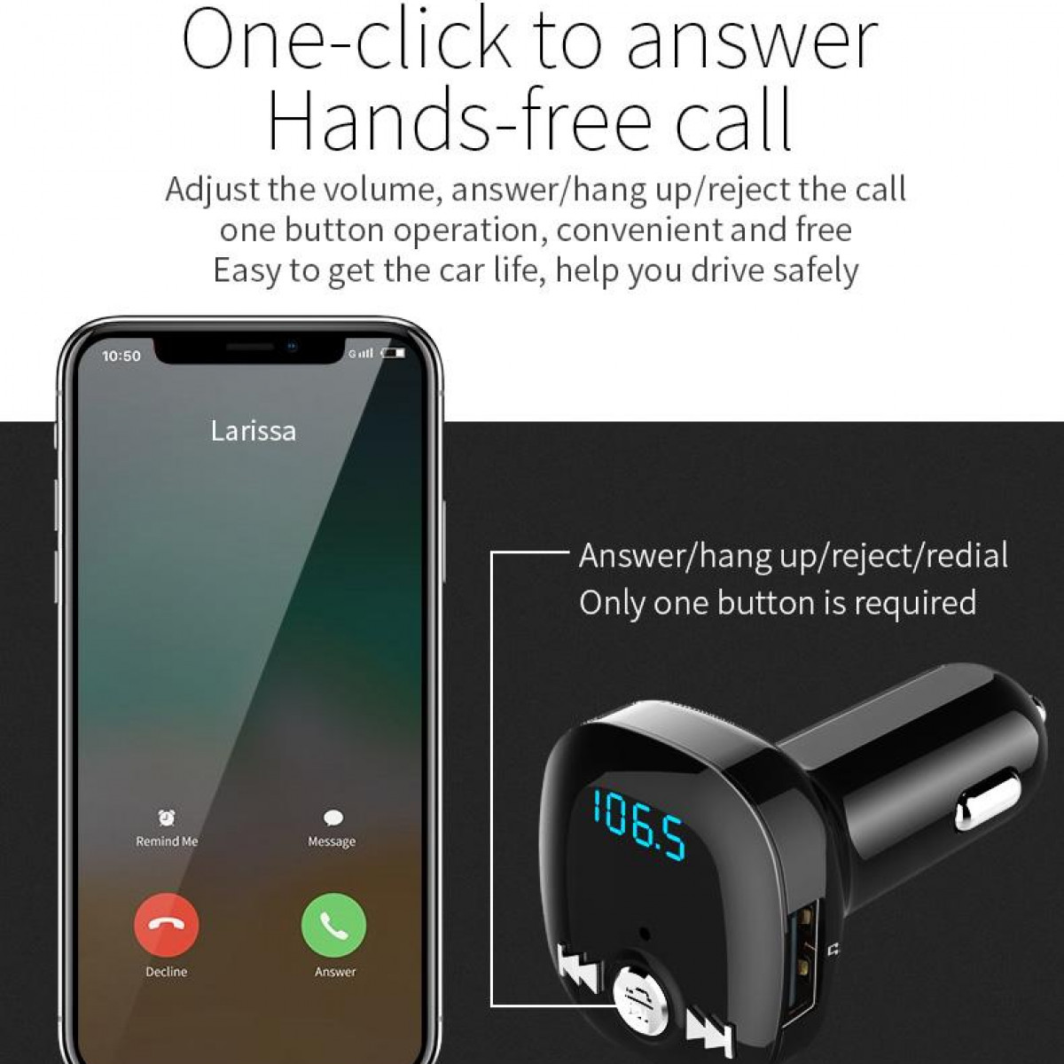 Ekran telefonu pokazuje połączenie od 'Larissa'. Urządzenie samochodowe z wyświetlaczem cyfrowym, pokazuje 106.5. Tekst: 'One-click to answer'.