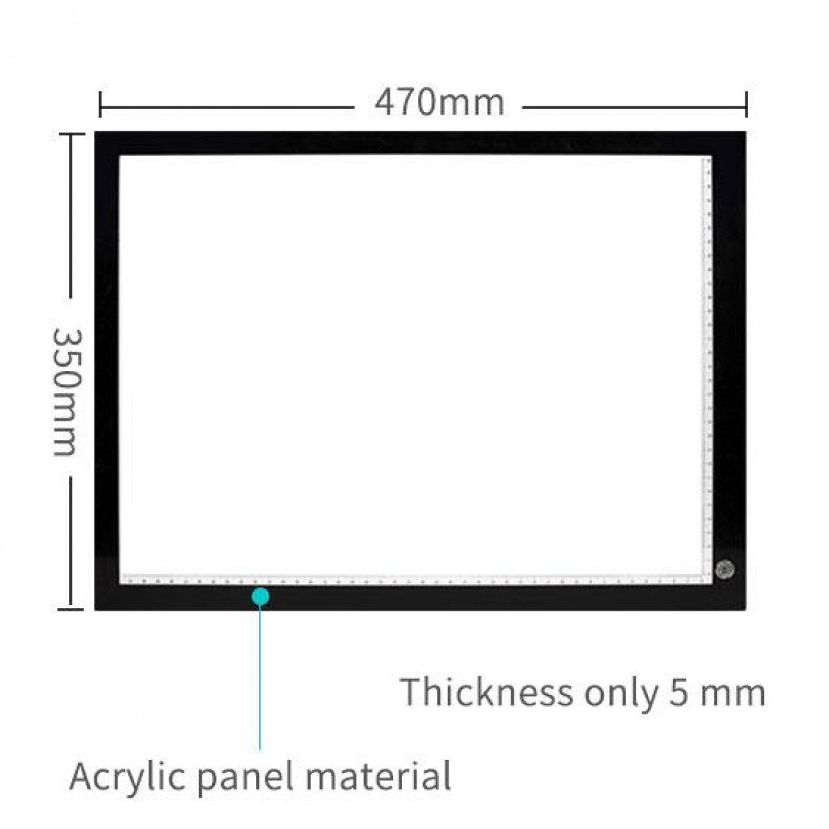 Czarna podświetlana skrzynka z wymiarami, materiał panelu akrylowego.