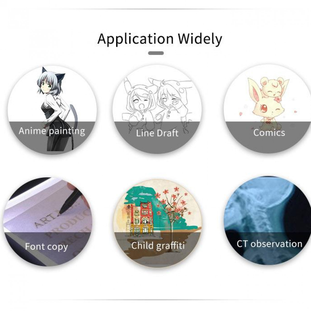 Sześć okręgów przedstawia zastosowania: anime, szkic liniowy, komiksy, kopiowanie czcionek, graffiti dla dzieci i obserwacja CT.