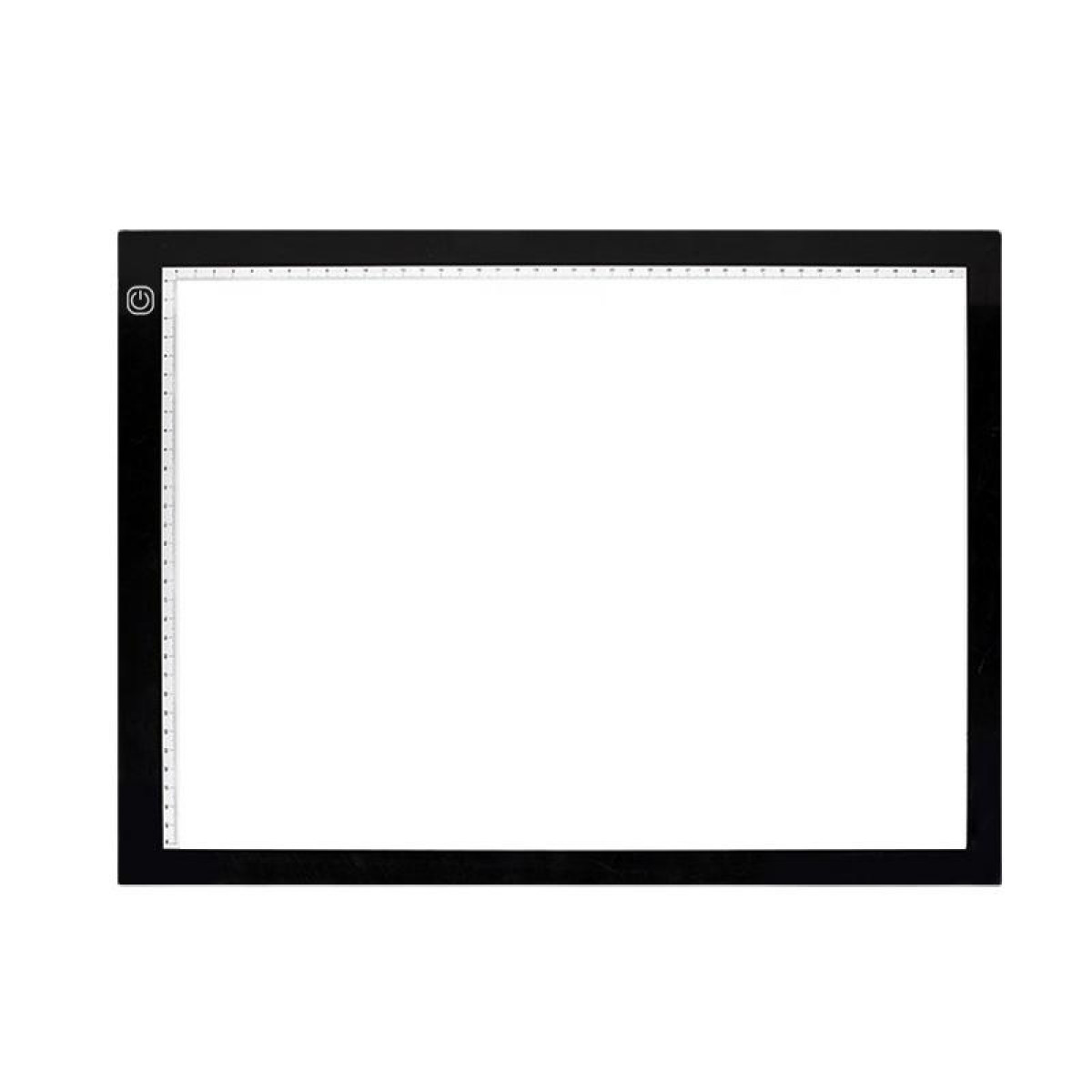 Czarna skrzynka świetlna do kalkowania, z przyciskiem zasilania i białą podświetlaną powierzchnią.