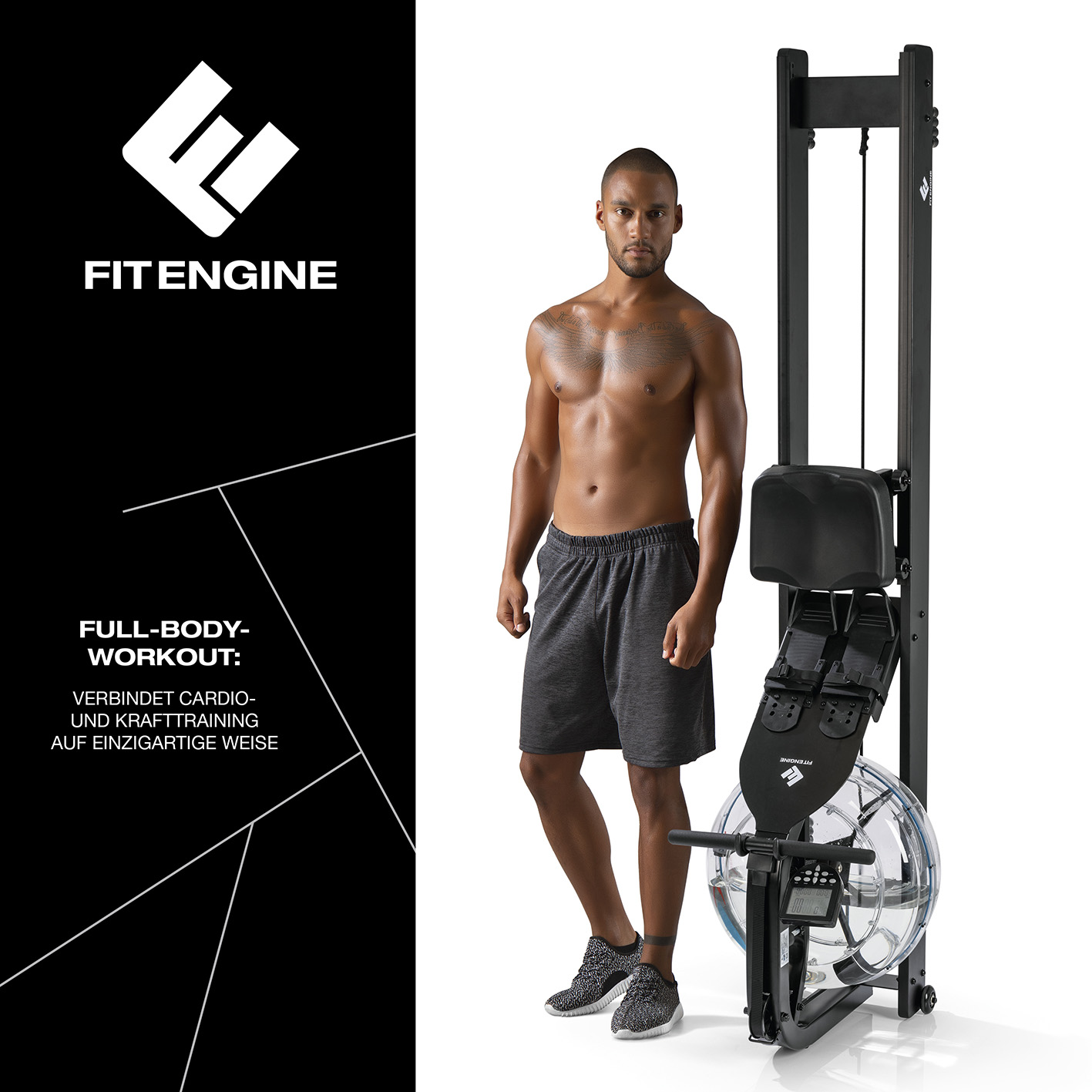 Ein Mann neben einer schwarzen Fit Engine Rudermaschine. Text: Ganzkörpertraining.