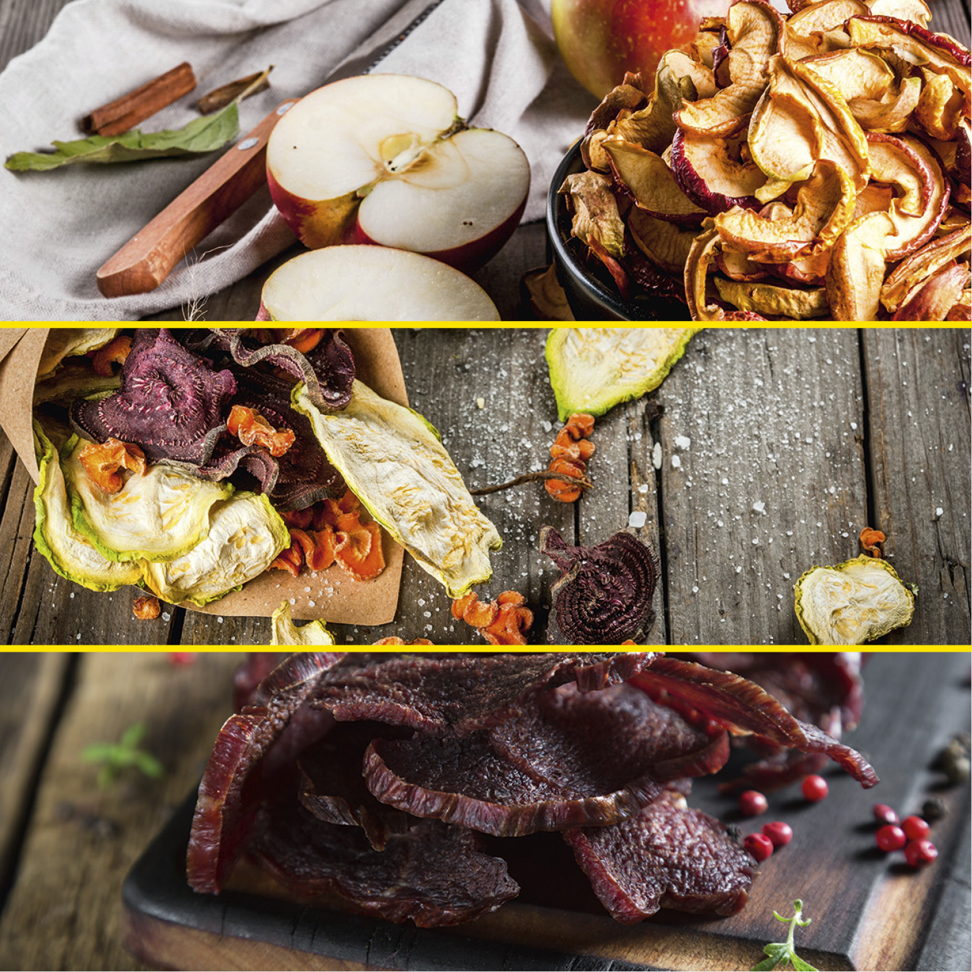 Nahaufnahme von getrockneten Apfelscheiben und anderem Trockenobst. Die obere sind Äpfel.