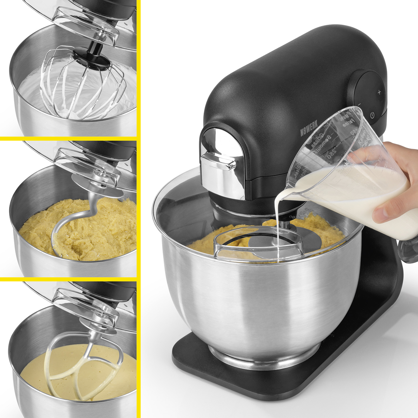 Ein schwarzer Küchenmixer mit einer Edelstahlschüssel. Eine Hand gießt Milch in die Schüssel.