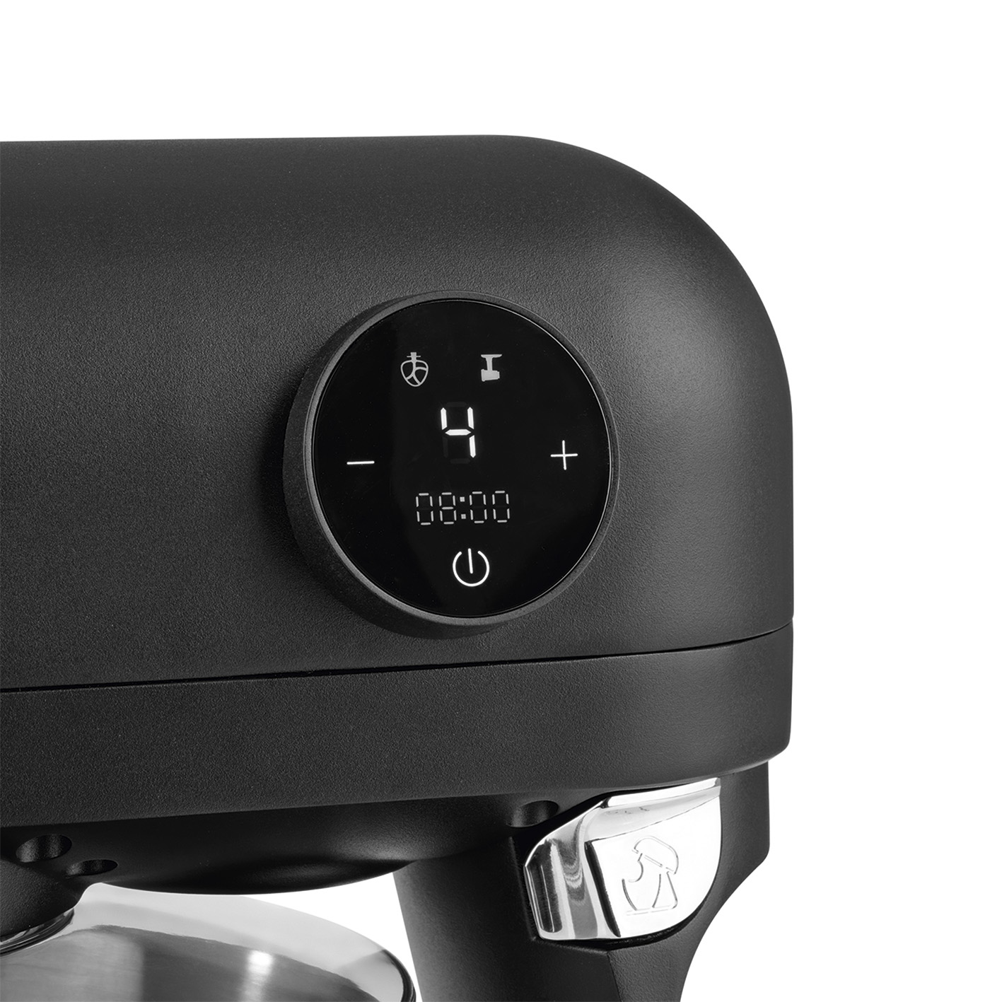 Schwarzer Mixer mit digitaler Anzeige, die '4' anzeigt. Tasten für Plus, Minus und Ein/Aus sind sichtbar.