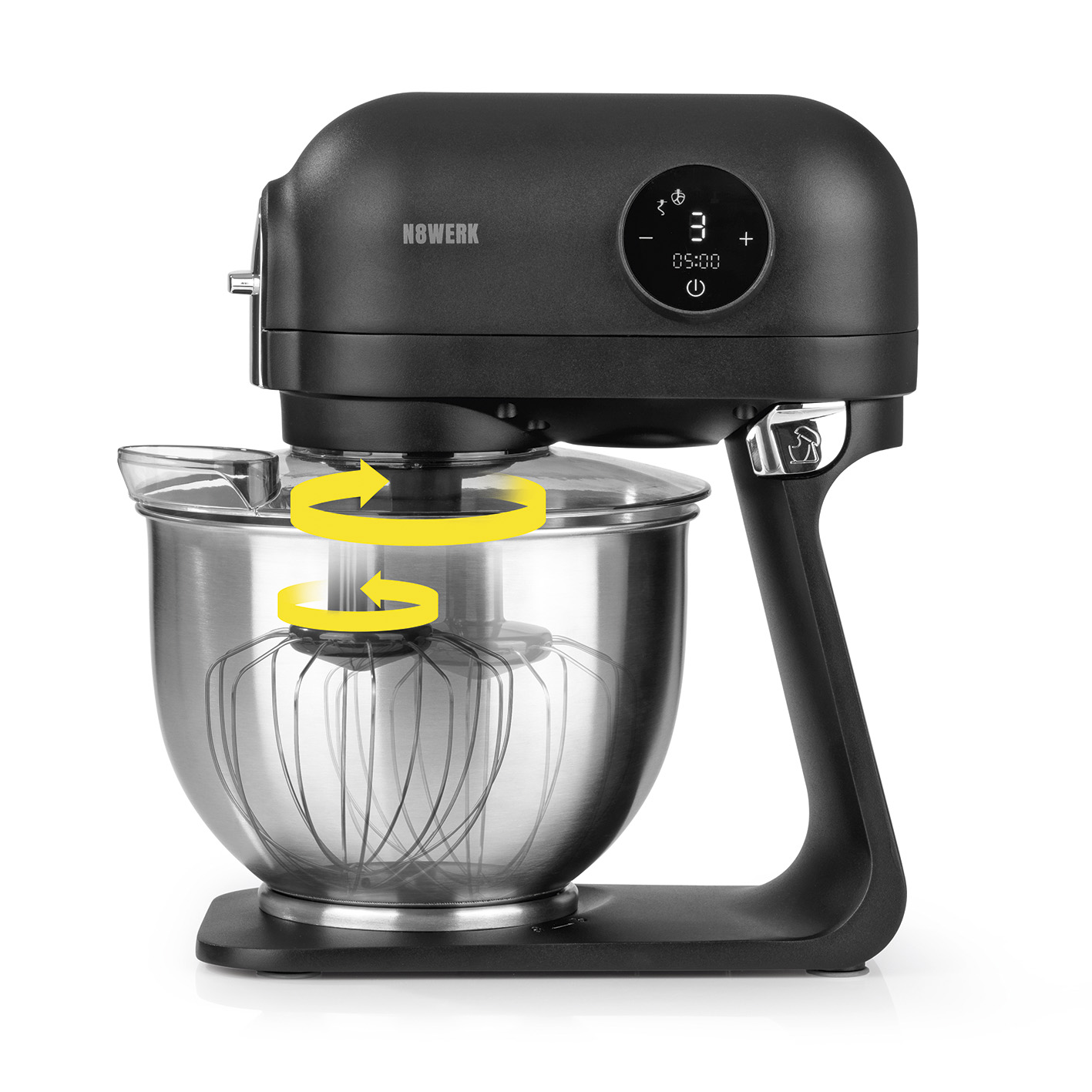 Schwarzer Küchenmixer mit Glasschüssel und rotierenden Rührbesen.