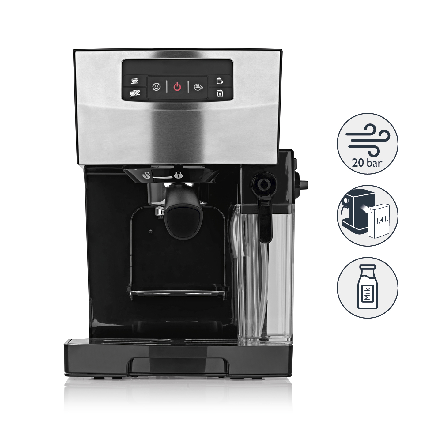 Schwarze und silberne Espressomaschine mit Wassertank und Milchaufschäumer.