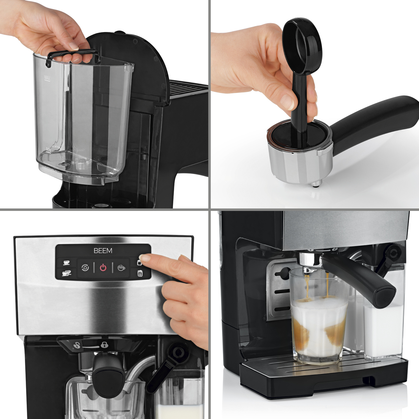 Kaffeemaschine in Gebrauch, mit mehreren Ansichten. Enthält Wasser, Siebträger und Milch.
