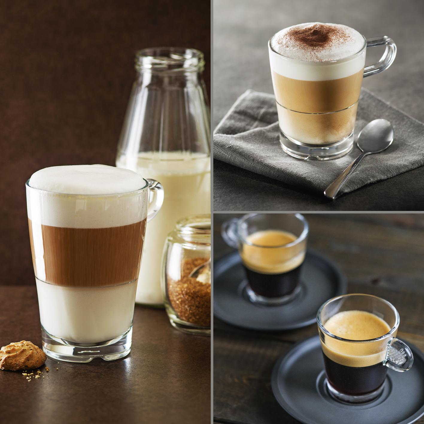 Eine Collage von Kaffees: Latte mit Schaum, Cappuccino mit Zimt und zwei Espresso auf dunkler Oberfläche.