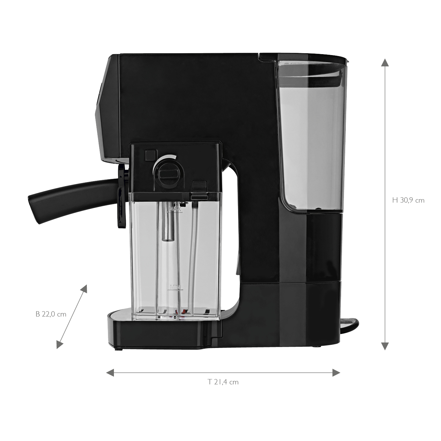 Schwarze Kaffeemaschine mit Maßen. Klarer Wassertank.