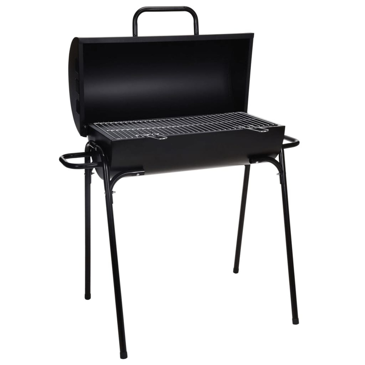Griglia a carbone in metallo nero con coperchio aperto, griglia e gambe.