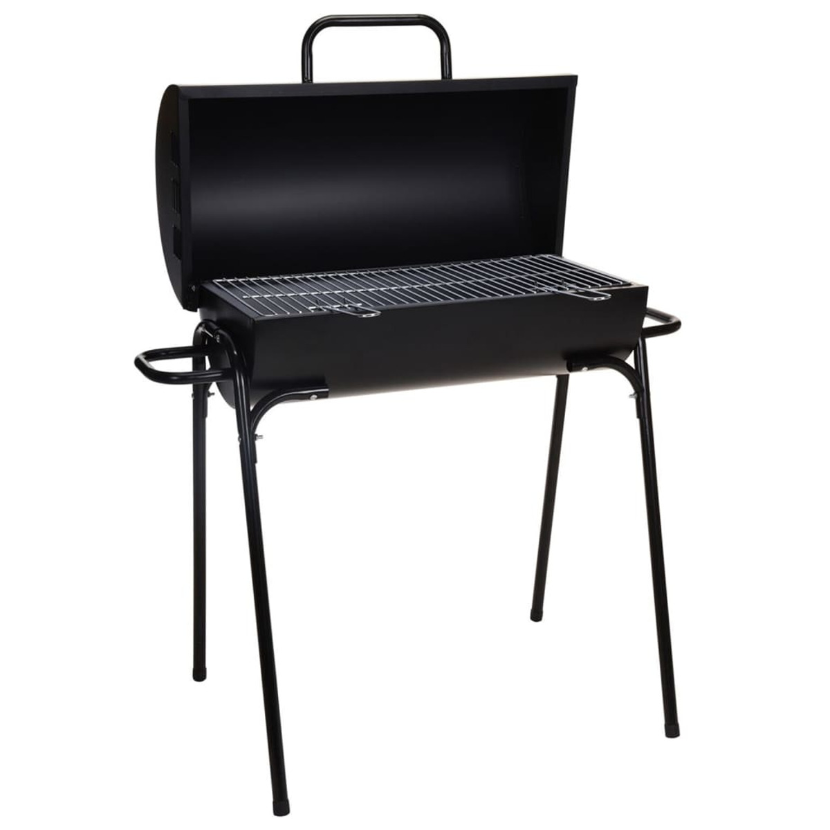 Griglia per barbecue nera con coperchio aperto e griglia metallica, su sfondo bianco.