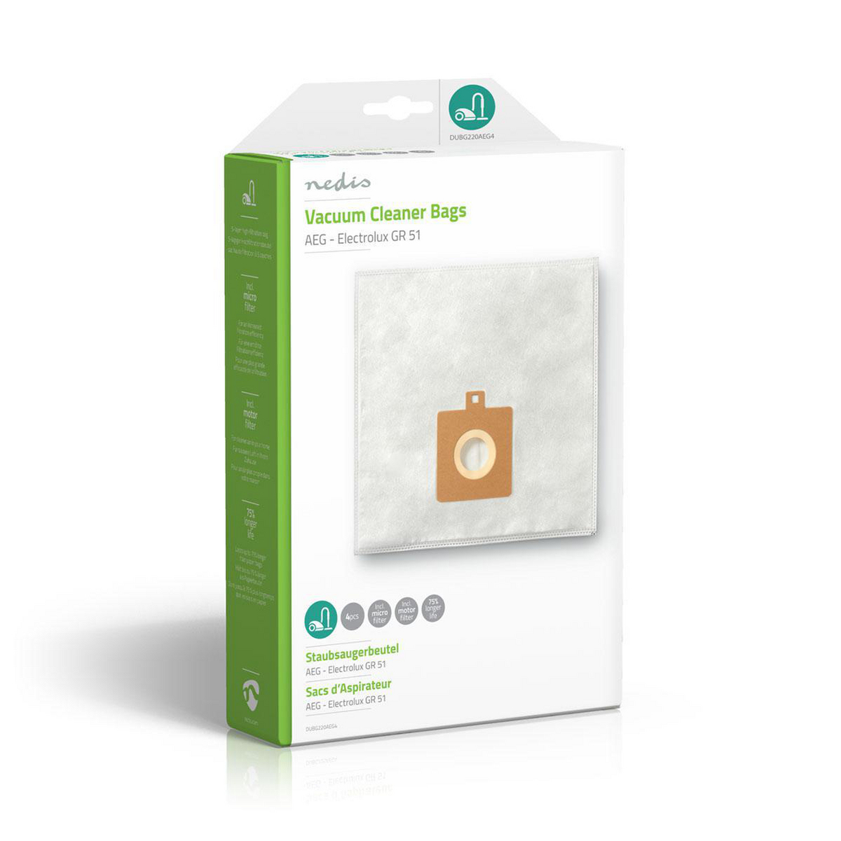 Stofzuigerzakken in een witte doos. De doos heeft tekst en afbeeldingen die de productdetails tonen.