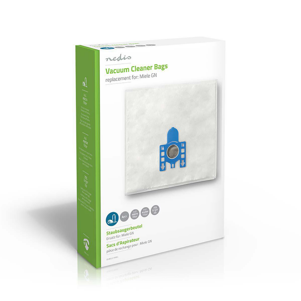 Vacuum cleaner bags in a green and white box. Background: white.