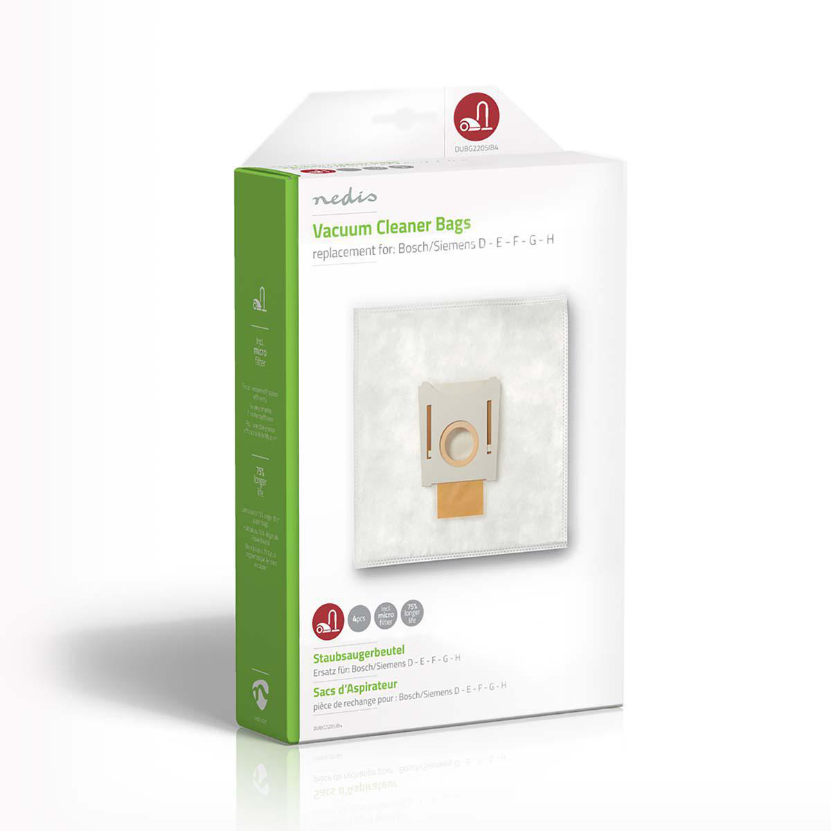 A vacuum cleaner bag in a box with green and white design. Text indicates it fits Bosch/Siemens.
