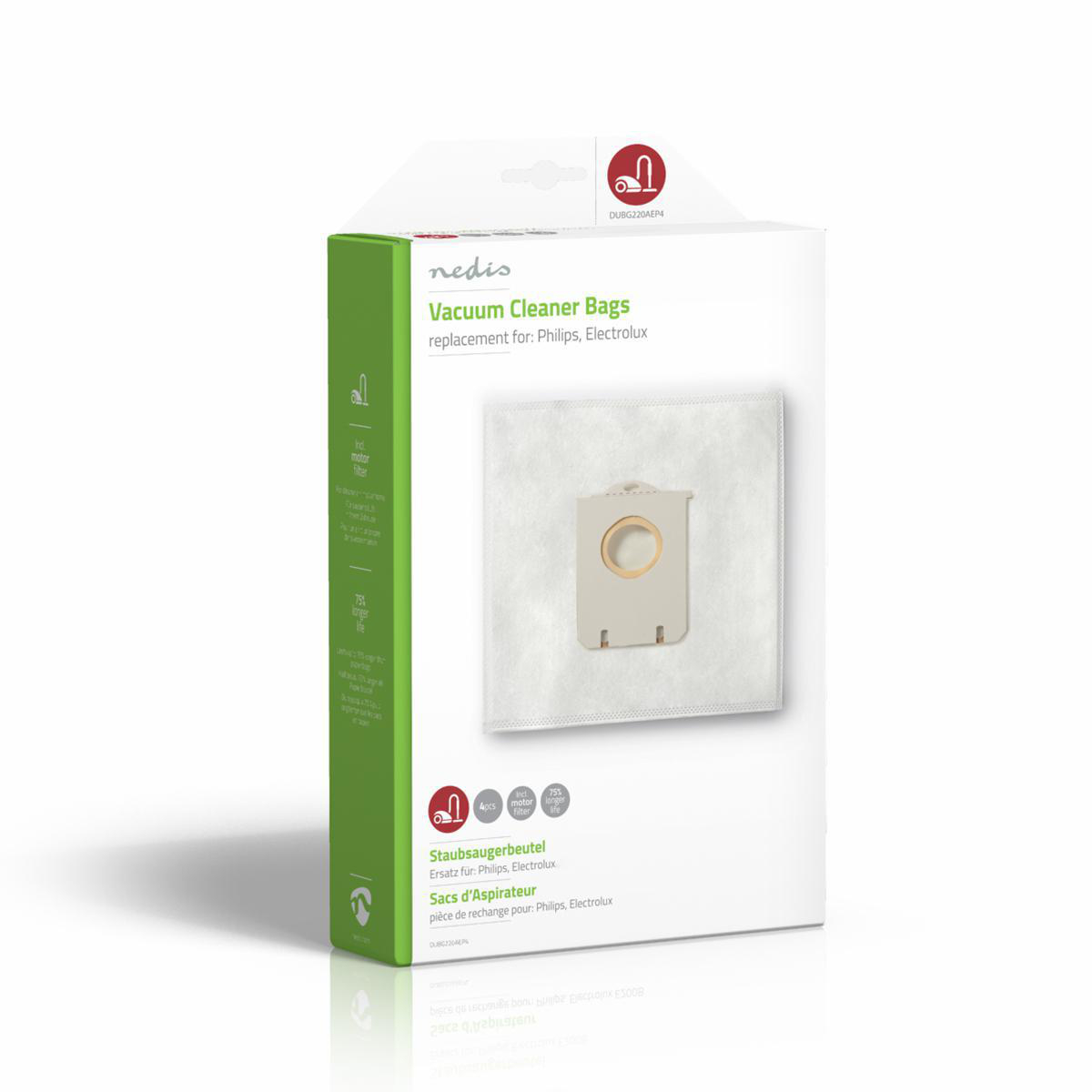 Una caja blanca y verde. Tiene bolsas para aspiradora dentro. La marca es Nedis.
