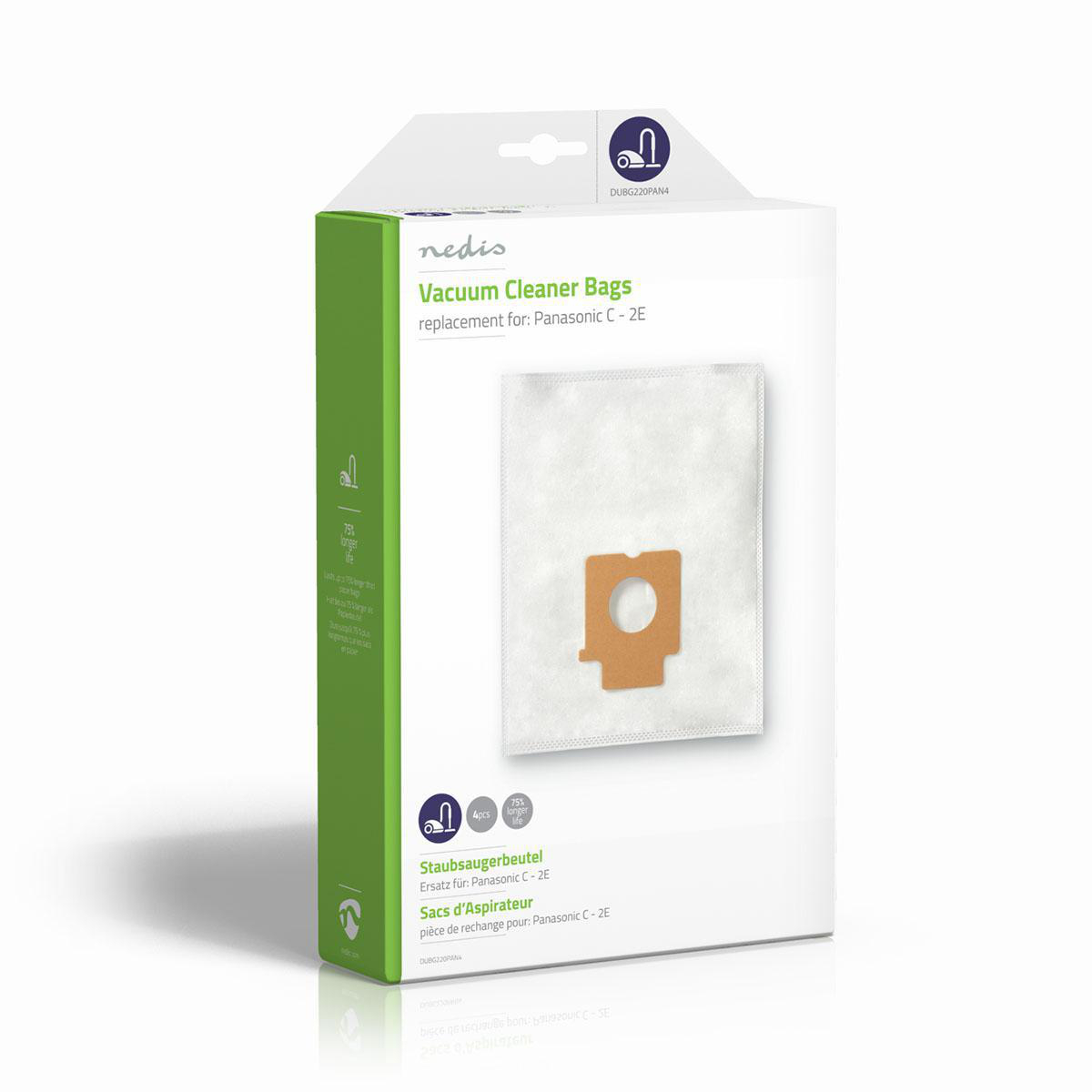 Vacuum cleaner bag replacement box. White box with green and brown details.