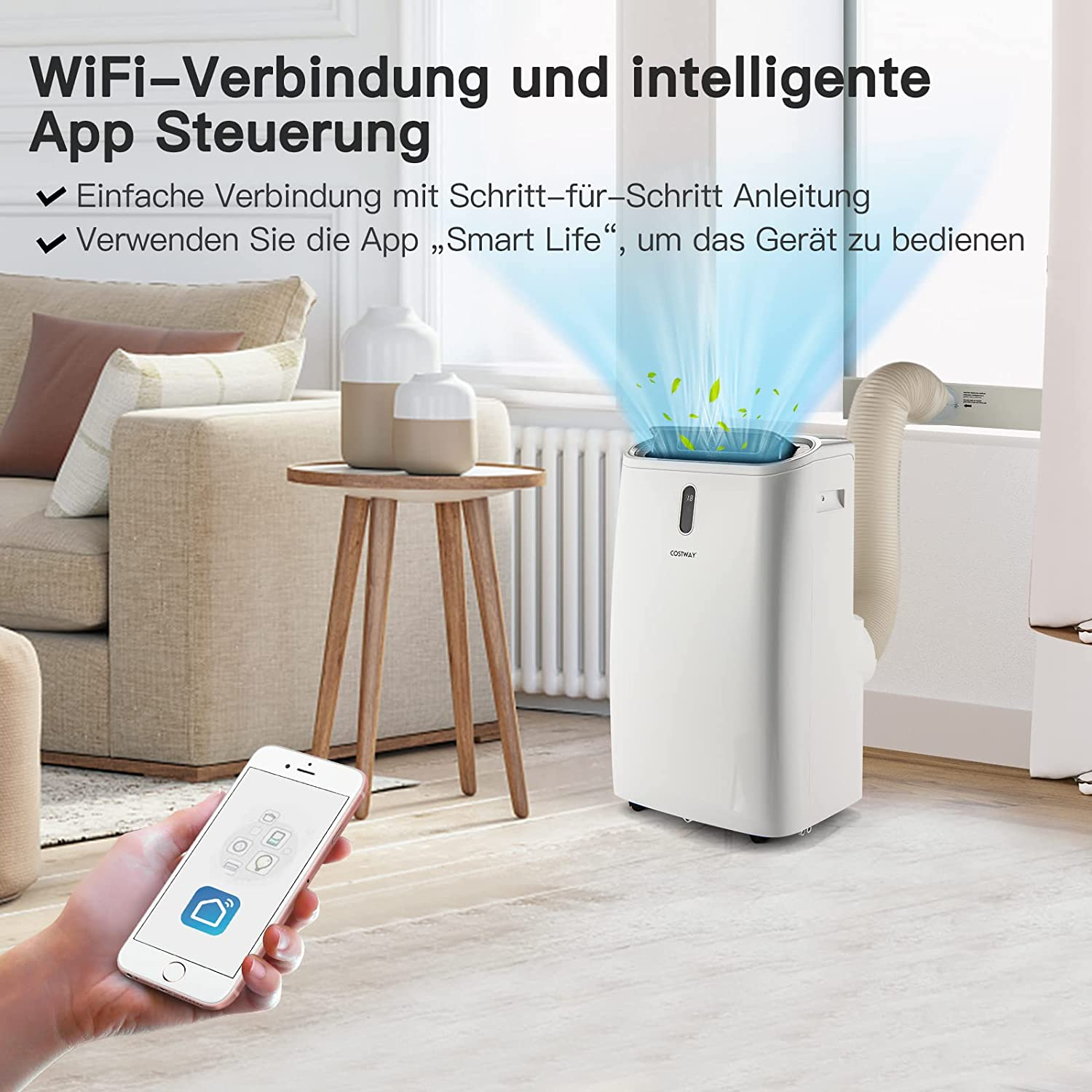 Hand hält Telefon mit Fernbedienung. Tragbare Klimaanlage im Hintergrund. Text: Smart Life App.