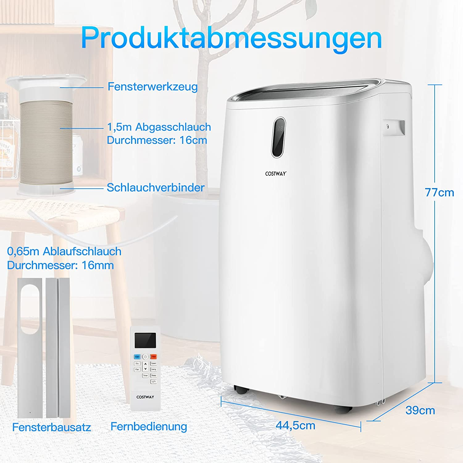 Weißer Klimaanlage mit Maßen und Beschriftungen.