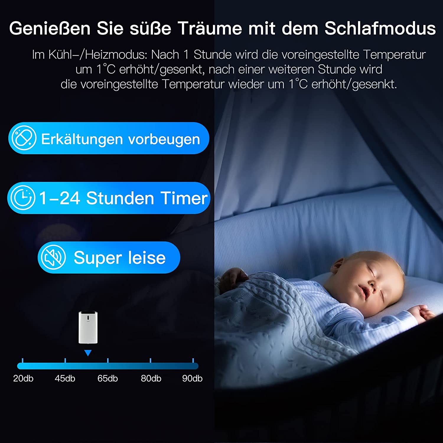 Ein Baby schläft in einem Kinderbett. Deutscher Text erwähnt Temperaturregelung im Schlafmodus.