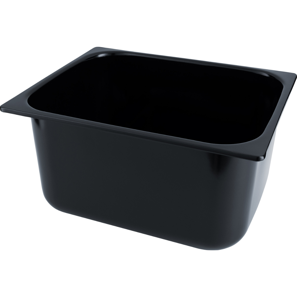 Un récipient alimentaire rectangulaire noir, brillant, avec des côtés droits et un bord plat, vide.