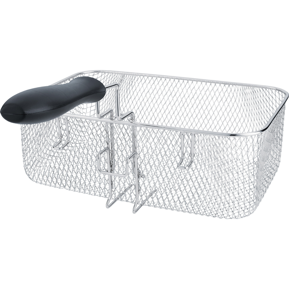 Panier de friteuse en treillis métallique avec poignée noire.