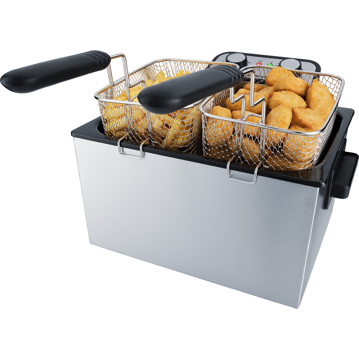 Fritteuse mit zwei Körben, einer mit Pommes, der andere mit Nuggets. Die Maschine ist silber.