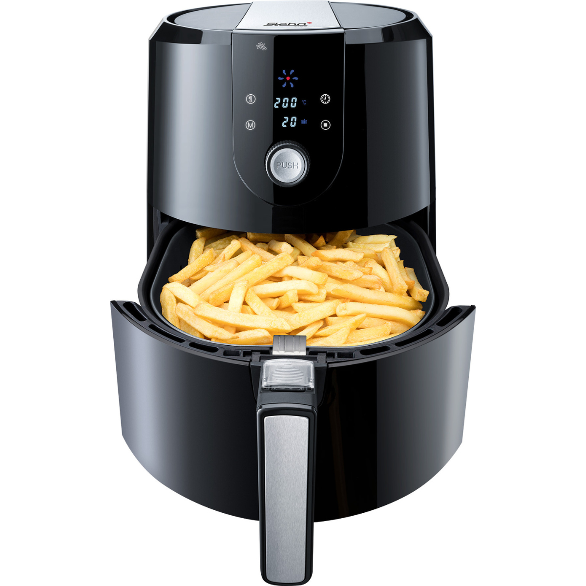 Eine schwarze Heißluftfritteuse mit einem Tablett voller Pommes. Es hat ein digitales Display und einen Griff.
