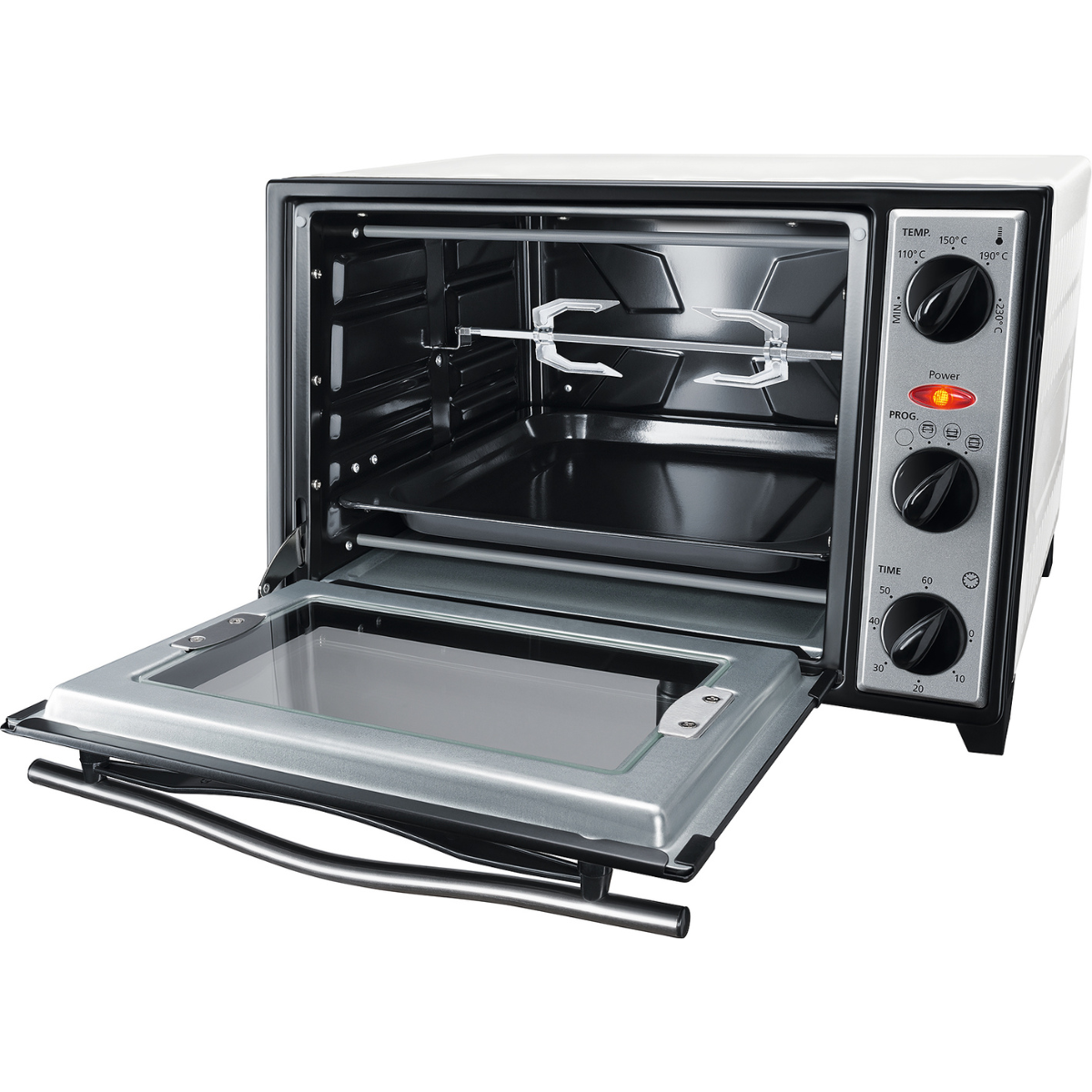 Ein Backofen mit offener Tür, sichtbaren Innenkomponenten und Bedienknöpfen; vor weißem Hintergrund.