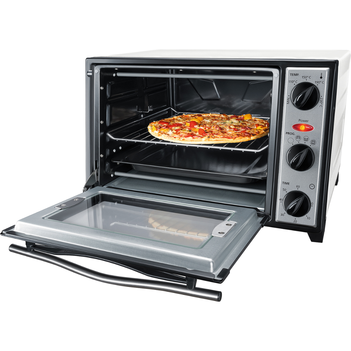 Ein offener schwarz-weißer Ofen mit einer Pizza auf dem Rost. Bedienelemente sind auf der rechten Seite sichtbar.