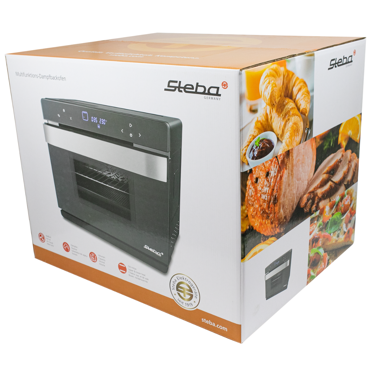 Una scatola con un forno nero laterale, con immagini di cibo. La scatola dice Steba Germania.