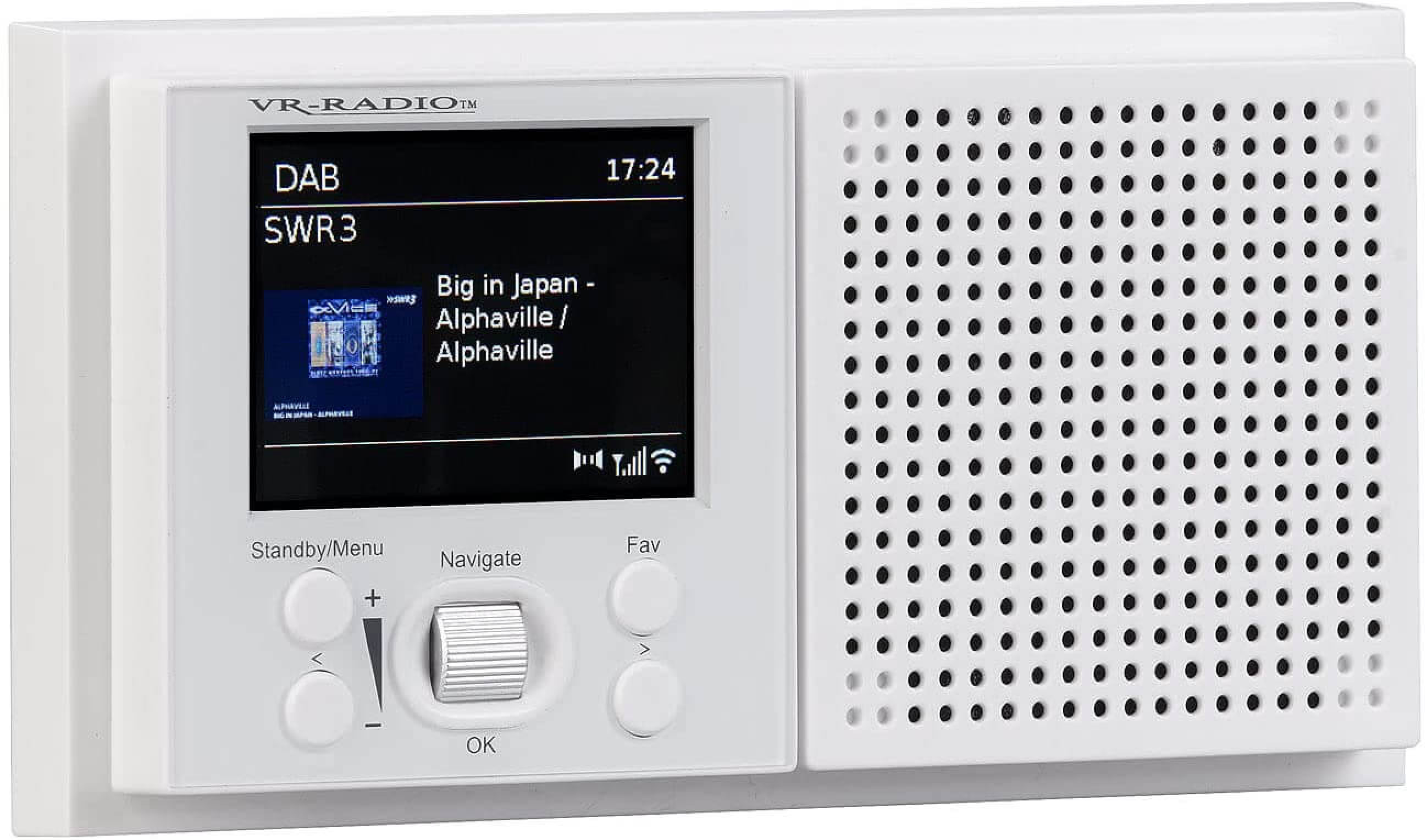 Ein weißes VR-RADIO mit Bildschirm, Tasten und Lautsprechergrill.