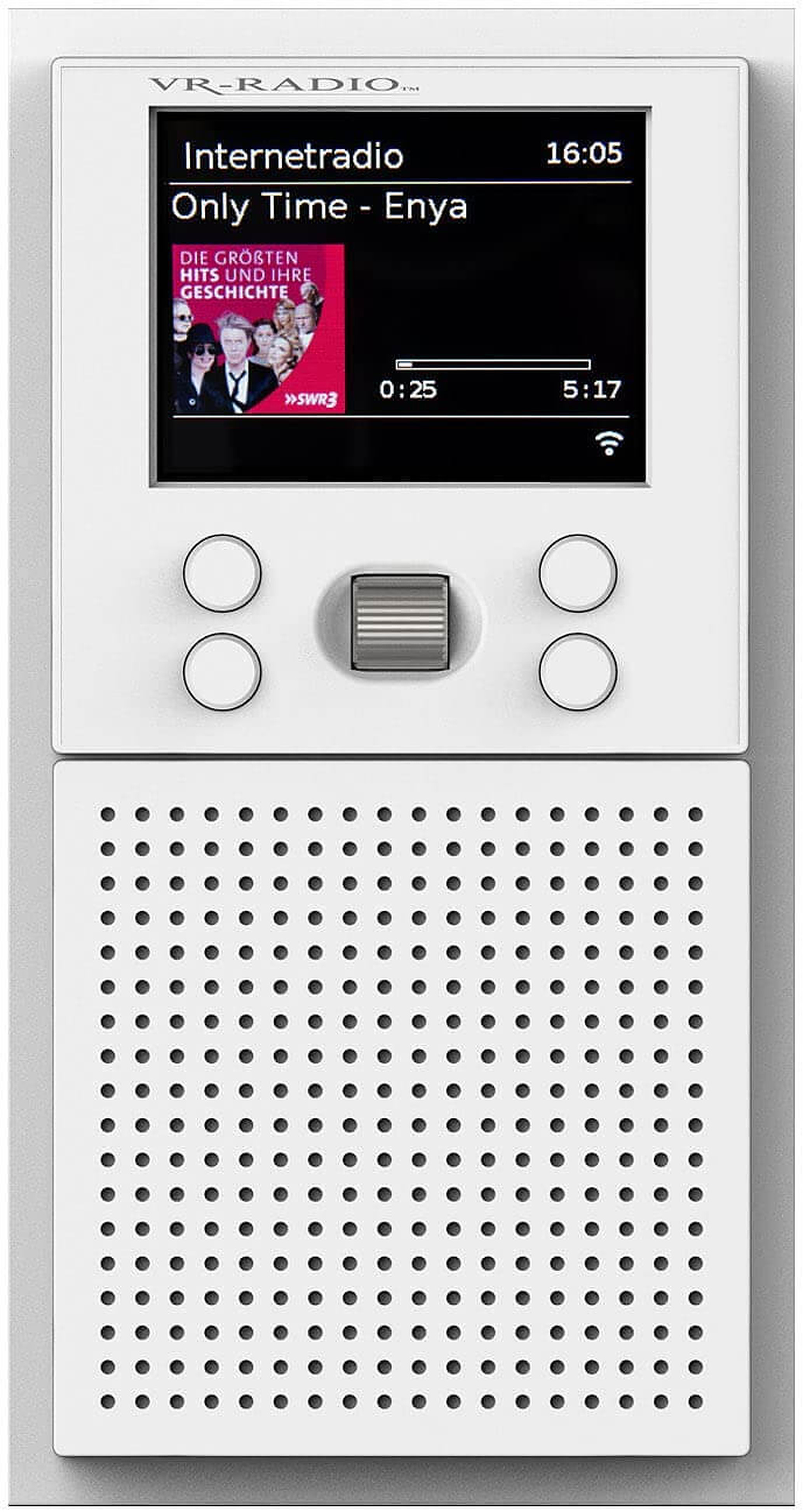 Weißes Internetradio mit Bildschirm, Musikinformationen und Knöpfen.
