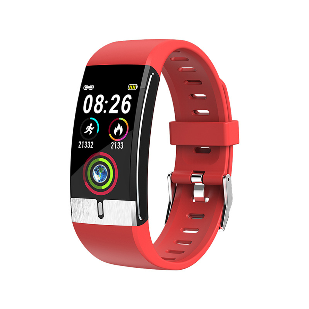 Rote Smartwatch mit schwarzem Bildschirm, der Zeit und Aktivitätsdaten anzeigt, und rotem Armband.