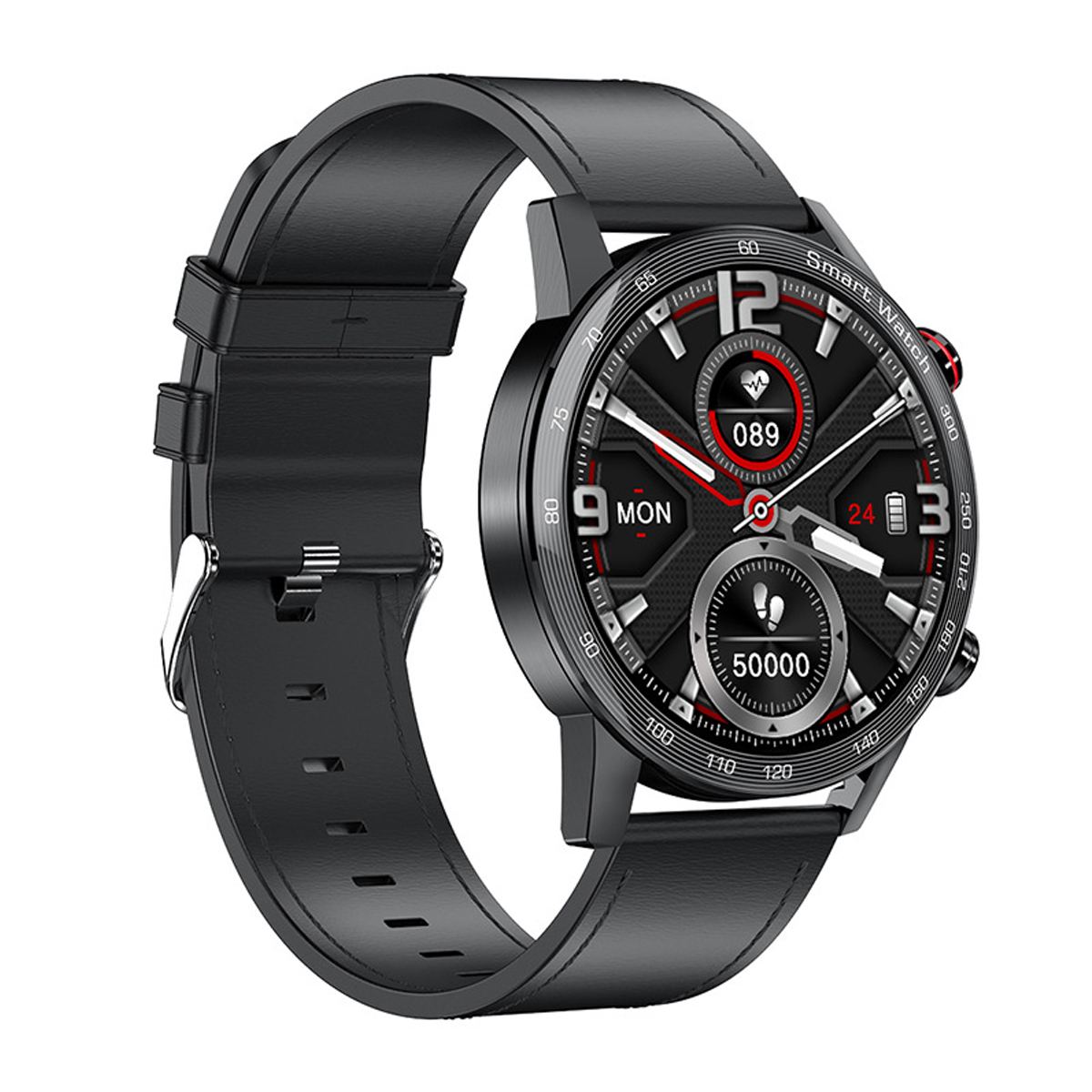 Eine schwarze Smartwatch mit Lederarmband, die eine digitale Oberfläche mit Zeit und Statistiken anzeigt.