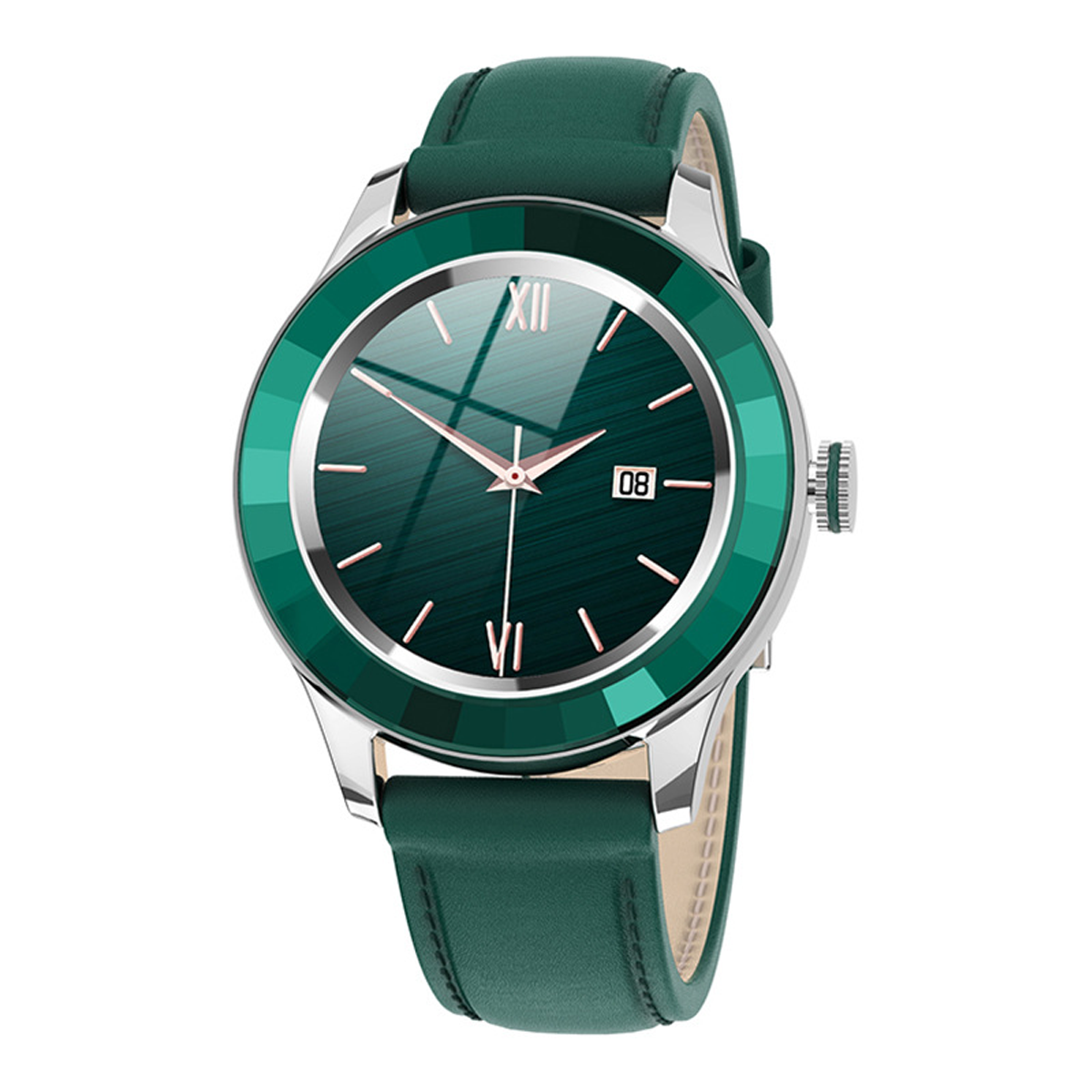 Eine grüne Uhr mit grünem Lederarmband, silberner Lünette und dunklem grünen Zifferblatt.
